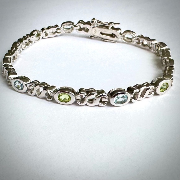 Blue TOPAZ & Green PERIDOT Oval 4x3mm Tennis BRACELET Sterling SILVER 925 NEW - Picture 3 of 10